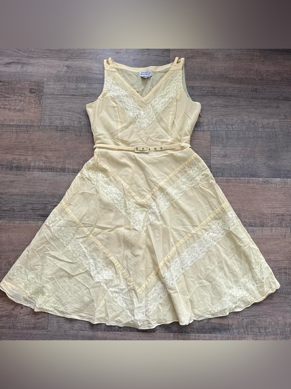 Vintage 90s Adrianna Papell Butter Yellow Lace Midi Dress